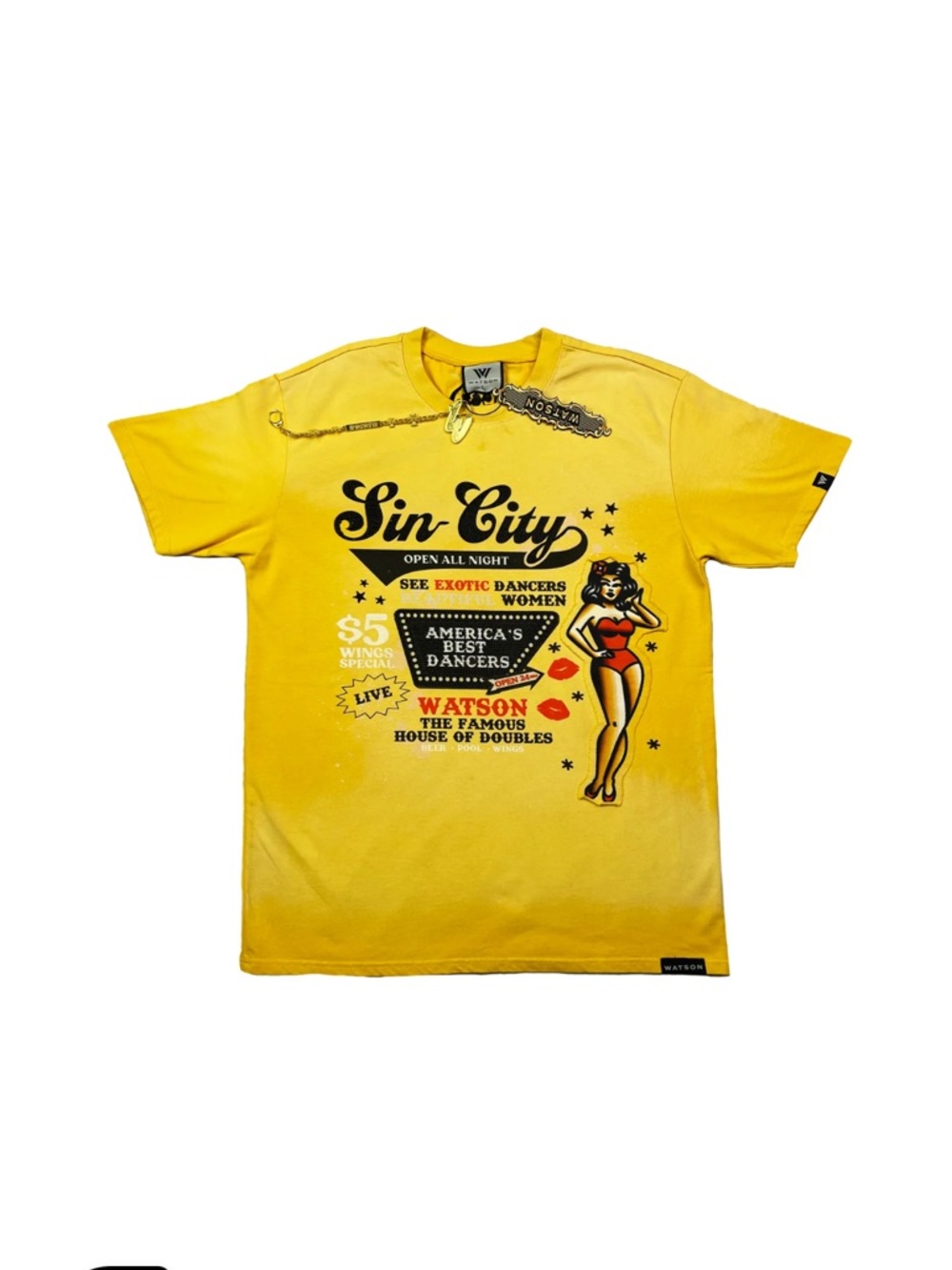 NWT Mens‎ Watson Sin City House Of Double Short Sleeve T-shirt Yellow Shirt